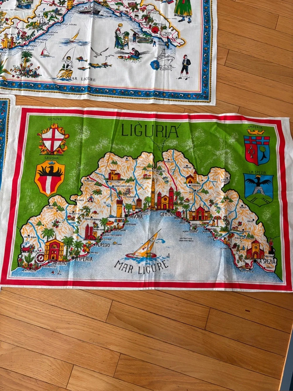 Set of 3 Liguria Map Tea Towels - White, Green, Blue Accents